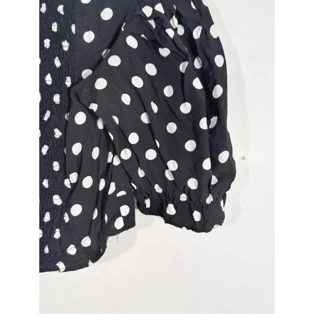 Zara Black White Polka Dot Faux Pearl Button Puff Sleeve Smocked Crop Top Small